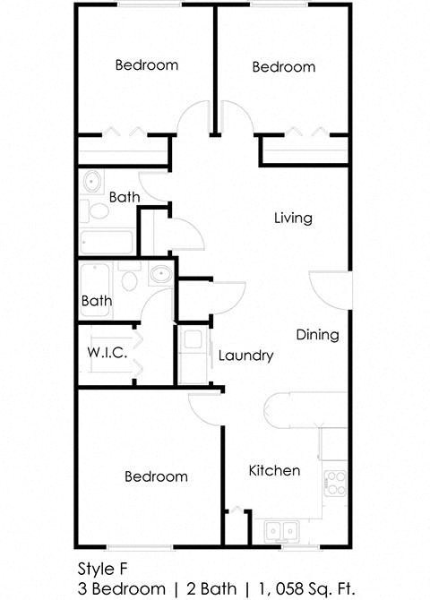 Floor plan for 3 beds, 2 baths, 1058 sqft